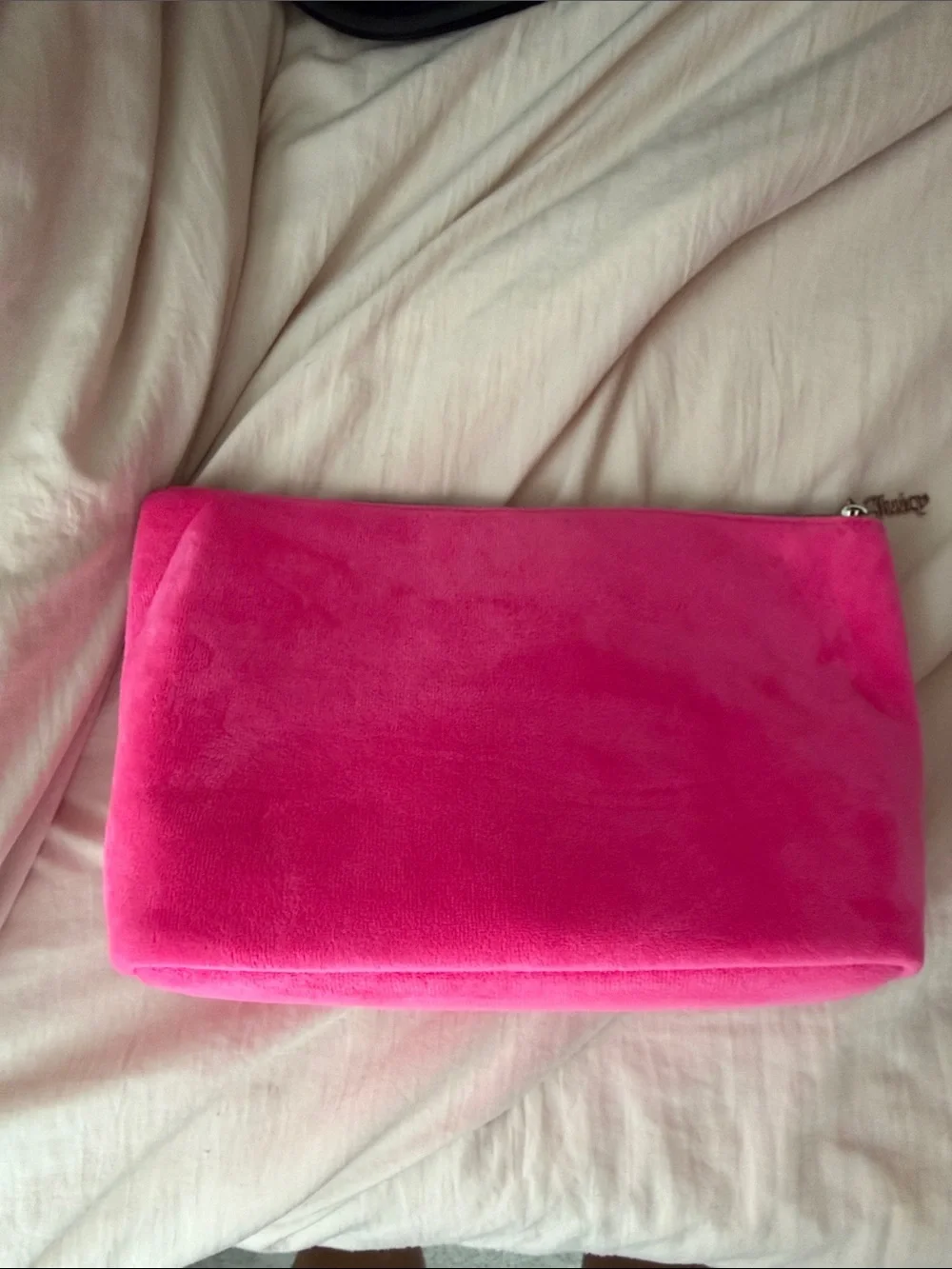Juicy Couture Bright Hot Pink Plush Cosmetic Pouch with Crystal Logo